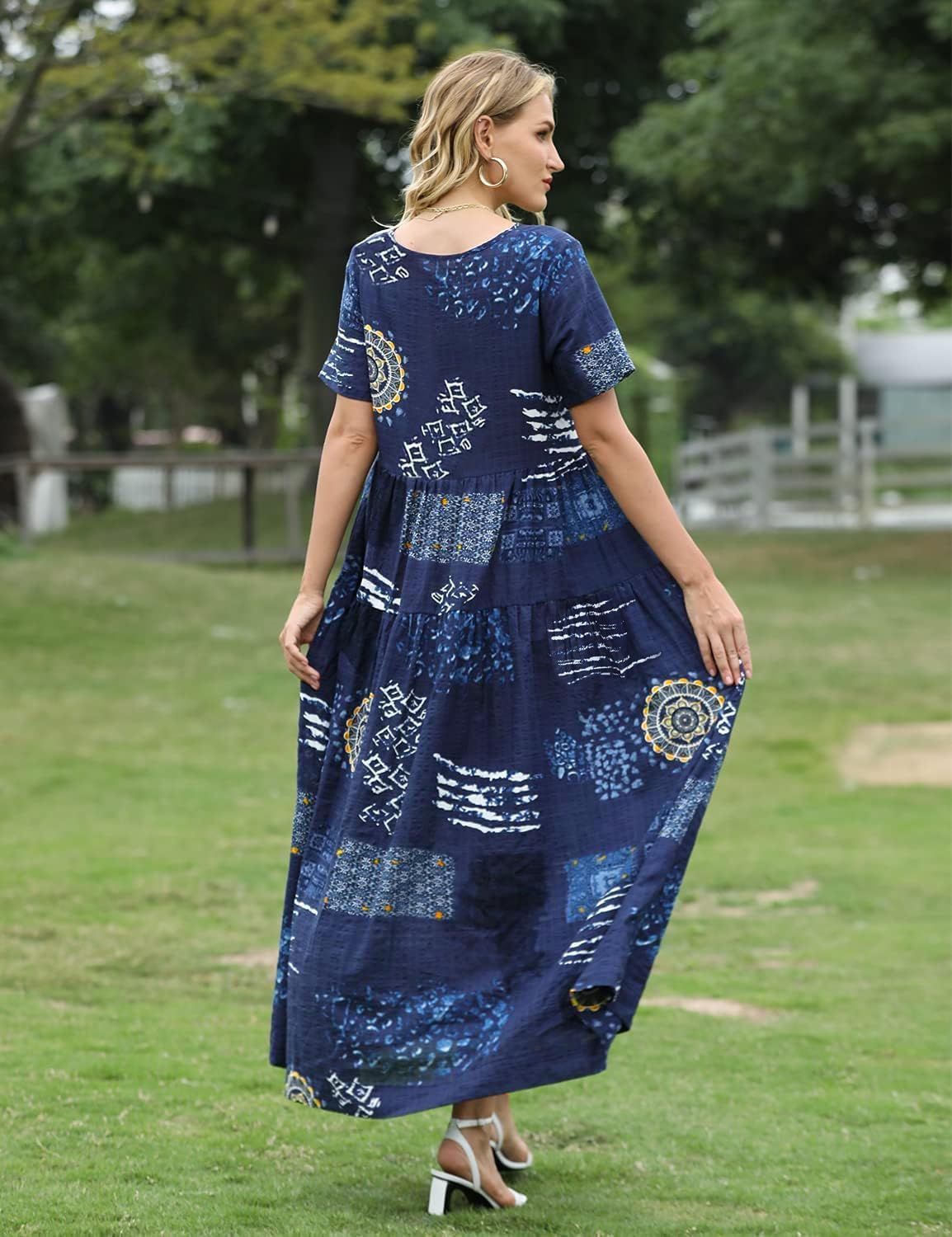 YESNO Women Dresses Casual Plus Size Bohemian Short Sleeve Floral Long Maxi Summer Beach Swing Dress/Pockets 2XL EJFUK CR176