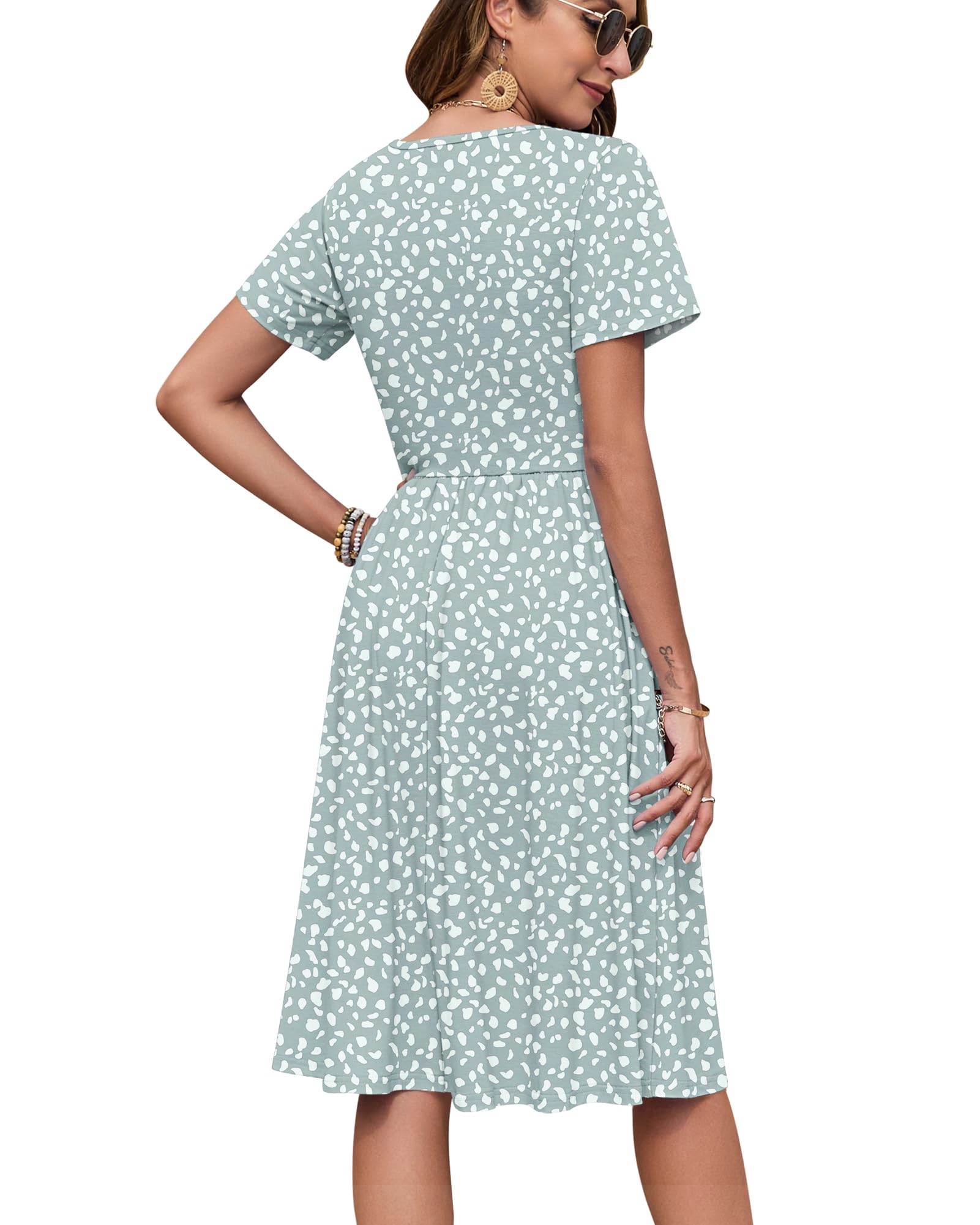 AUSELILY Women's Summer Short Sleeve Midi Dresses V Neck Empire Button Knee Length Dress with Pockets Green Spot M
