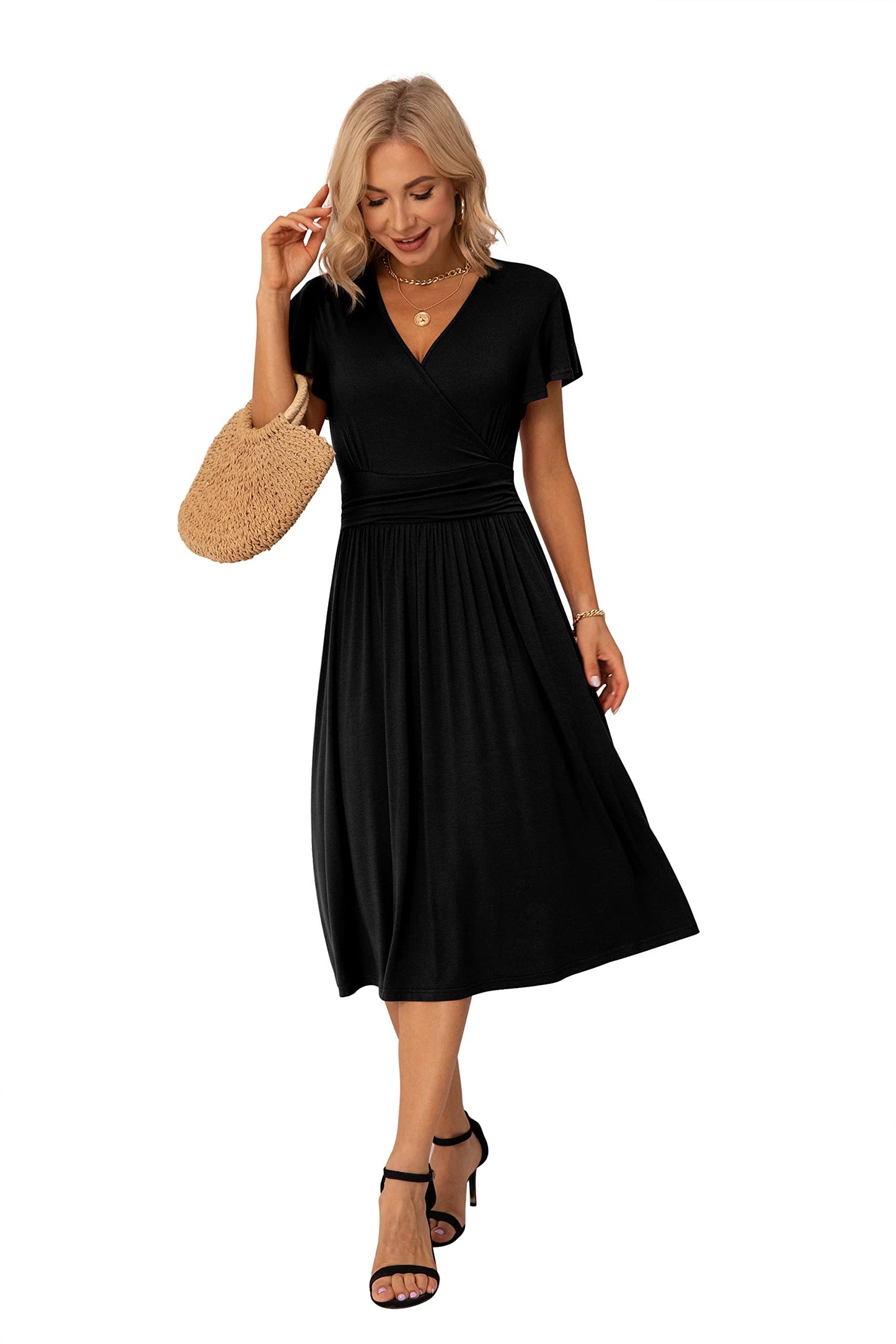GRECERELLE Womens Summer Wrap Dress Ladies Casual Ruffle Short Sleeve V-Neck Floral Beach Dresses for Women (01 Black, L)