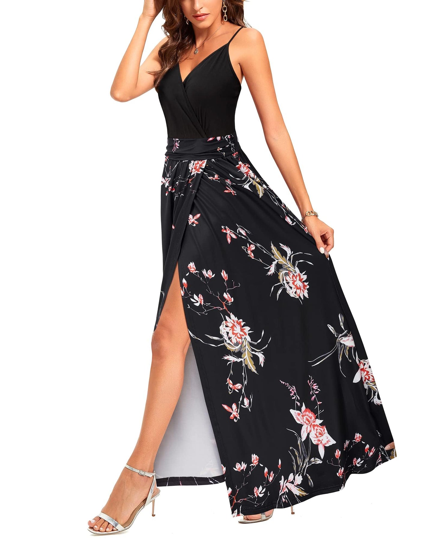 Newshows Women's Summer V Neck Spaghetti Strap Sleeveless Casual Split Long Maxi Wedding Guest Dress (Floral 26, Large)