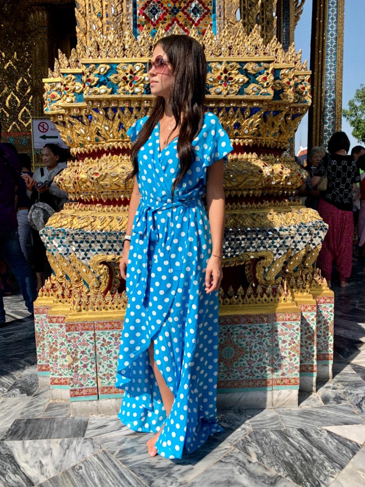 GRECERELLE Womens Summer Maxi Dress Boho Floral Cocktail Polka Dot Wrap Dresses V Neck Casual Party Bohemian Flowy Long Dress for Ladies (Polka Dots-Light Blue, L)