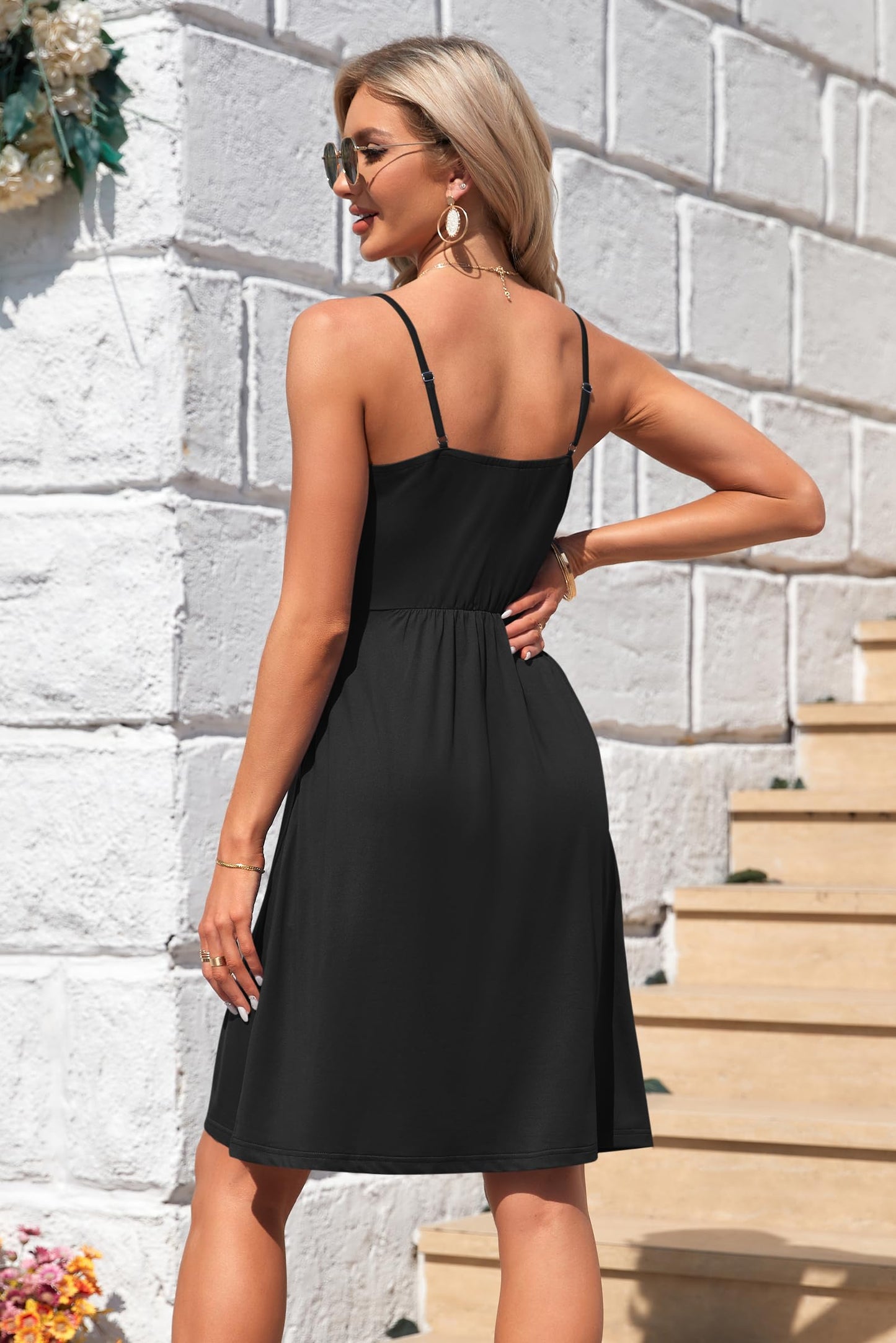 AUSELILY Summer Ladies Dress for Women UK V Neck Spaghetti Strap Casual Dress Beach with Pockets Black L