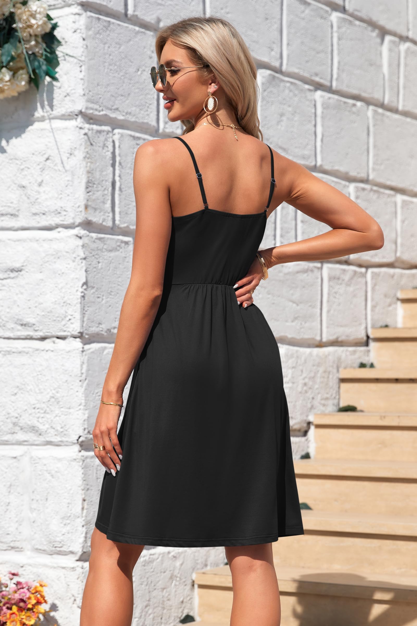 AUSELILY Summer Ladies Dress for Women UK V Neck Spaghetti Strap Casual Dress Beach with Pockets Black L