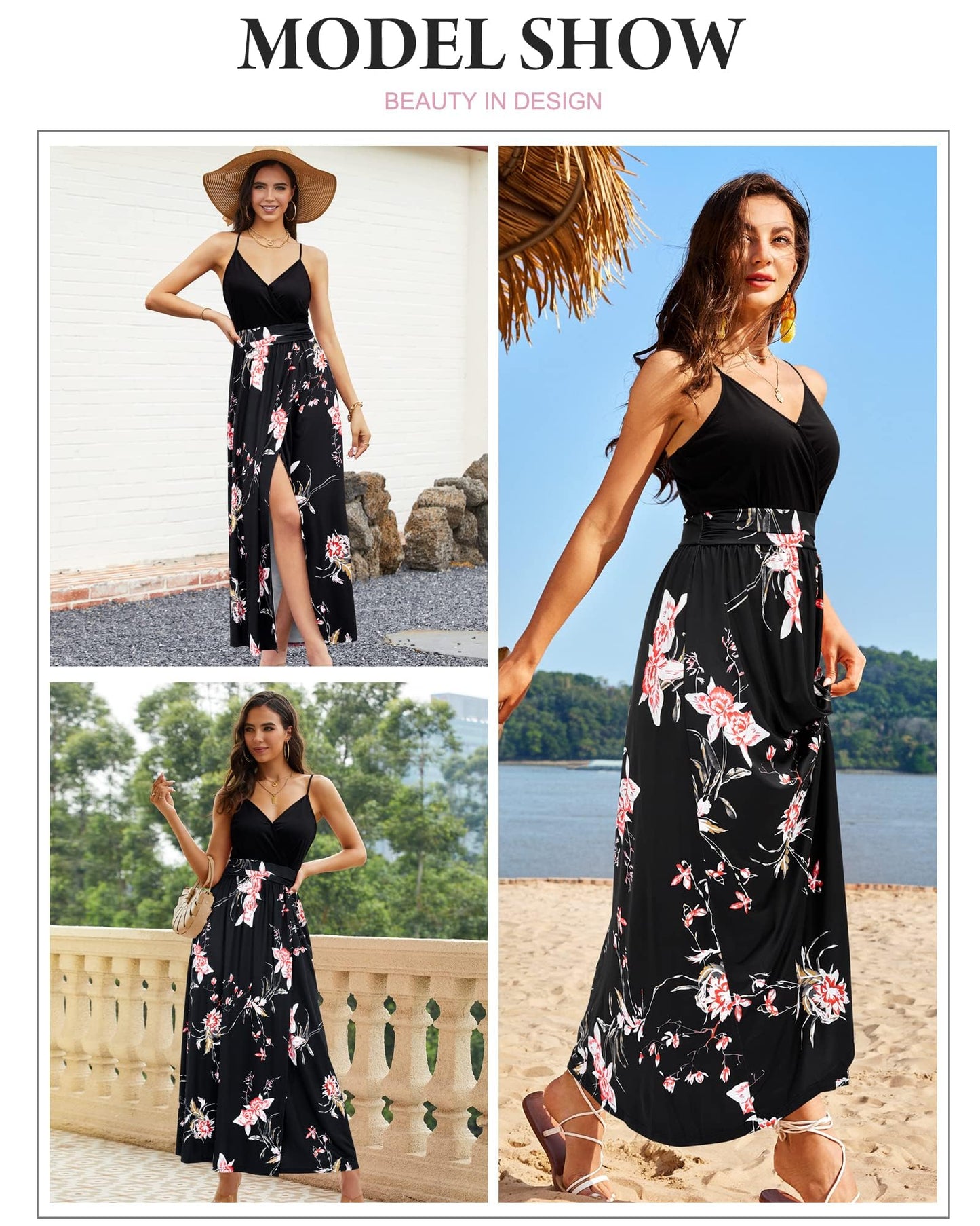 Newshows Women's Summer V Neck Spaghetti Strap Sleeveless Casual Split Long Maxi Wedding Guest Dress (Floral 26, Large)