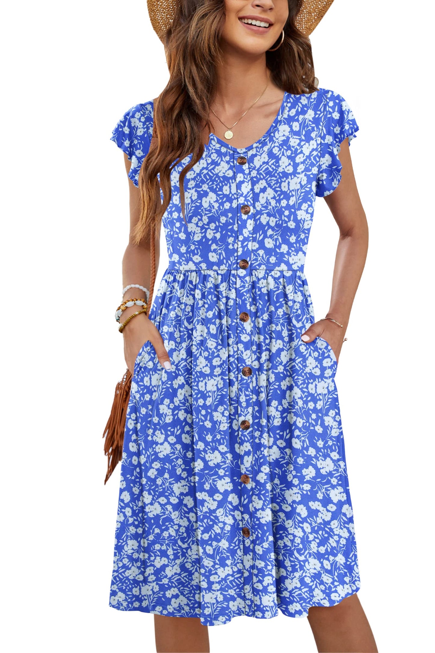 MOLERANI Women Summer Dresses Ruffle Sleeve V Neck Casual Swing Elastic Waist Midi Dress with Pockets Pockets Bright Blue White Floral L