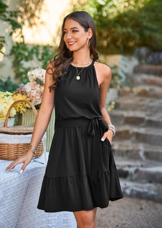 Newshows Summer Dresses for Women UK Halter Neck Dress Ladies Floral Beach Dress for Holiday Vacation(Black, Medium)