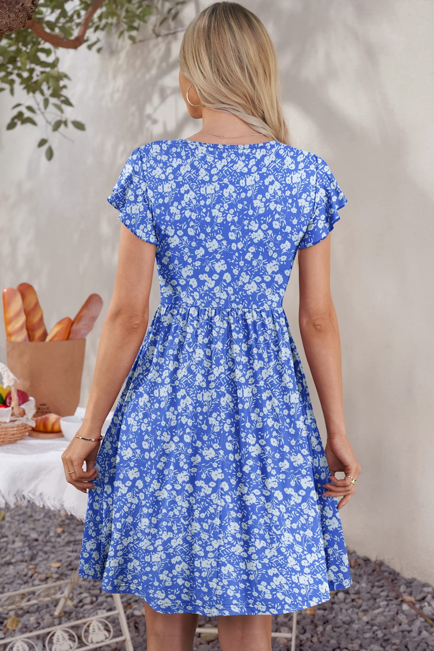 MOLERANI Women Summer Dresses Ruffle Sleeve V Neck Casual Swing Elastic Waist Midi Dress with Pockets Pockets Bright Blue White Floral L