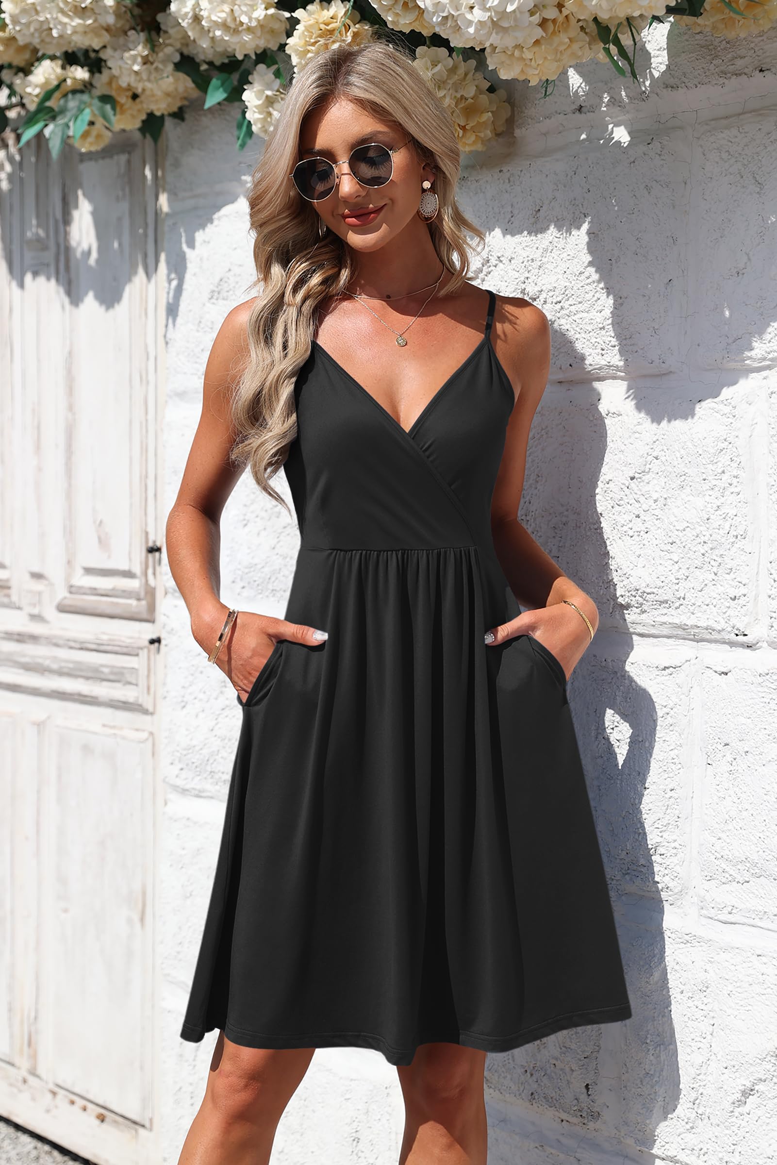 AUSELILY Summer Ladies Dress for Women UK V Neck Spaghetti Strap Casual Dress Beach with Pockets Black L