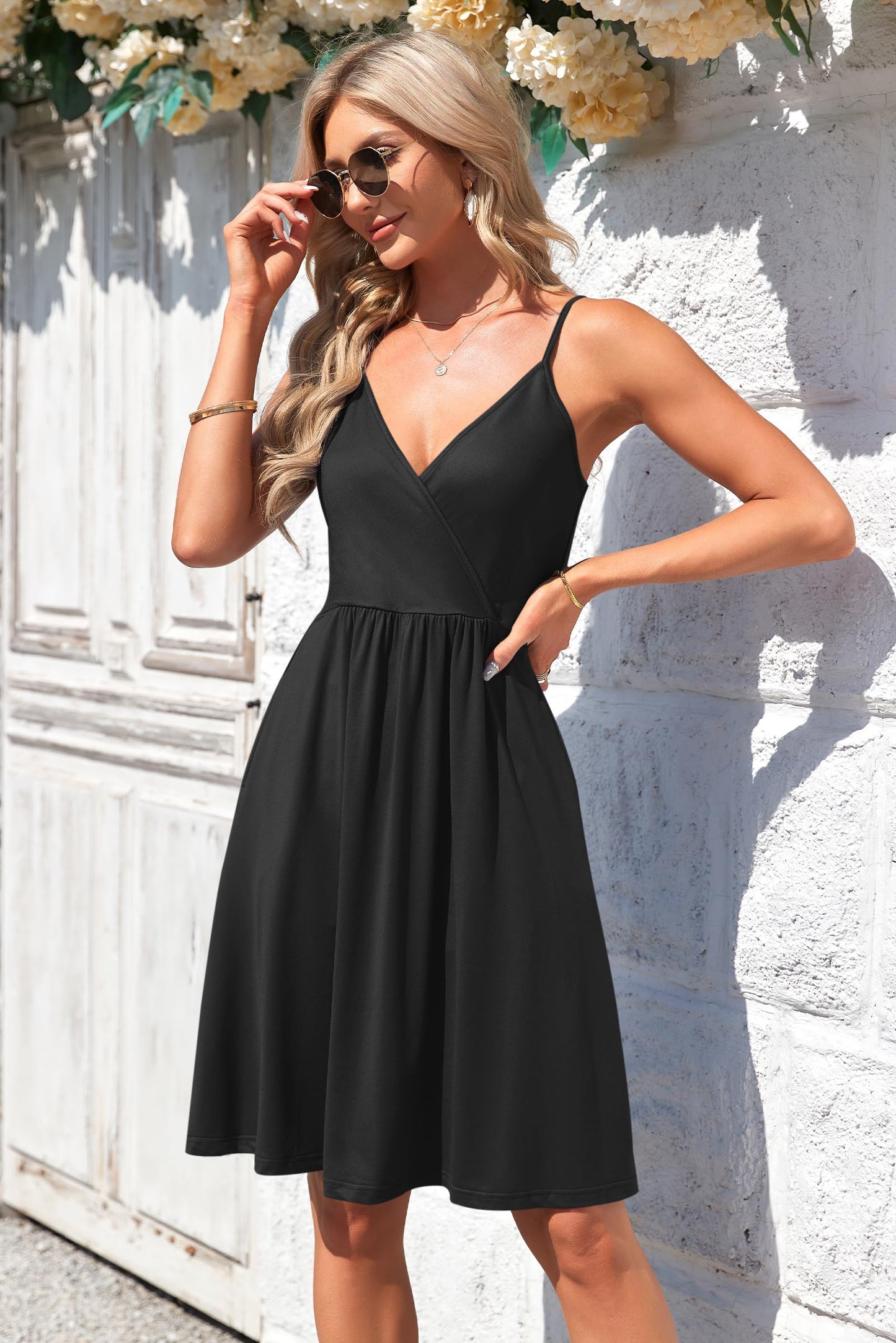 AUSELILY Summer Ladies Dress for Women UK V Neck Spaghetti Strap Casual Dress Beach with Pockets Black L