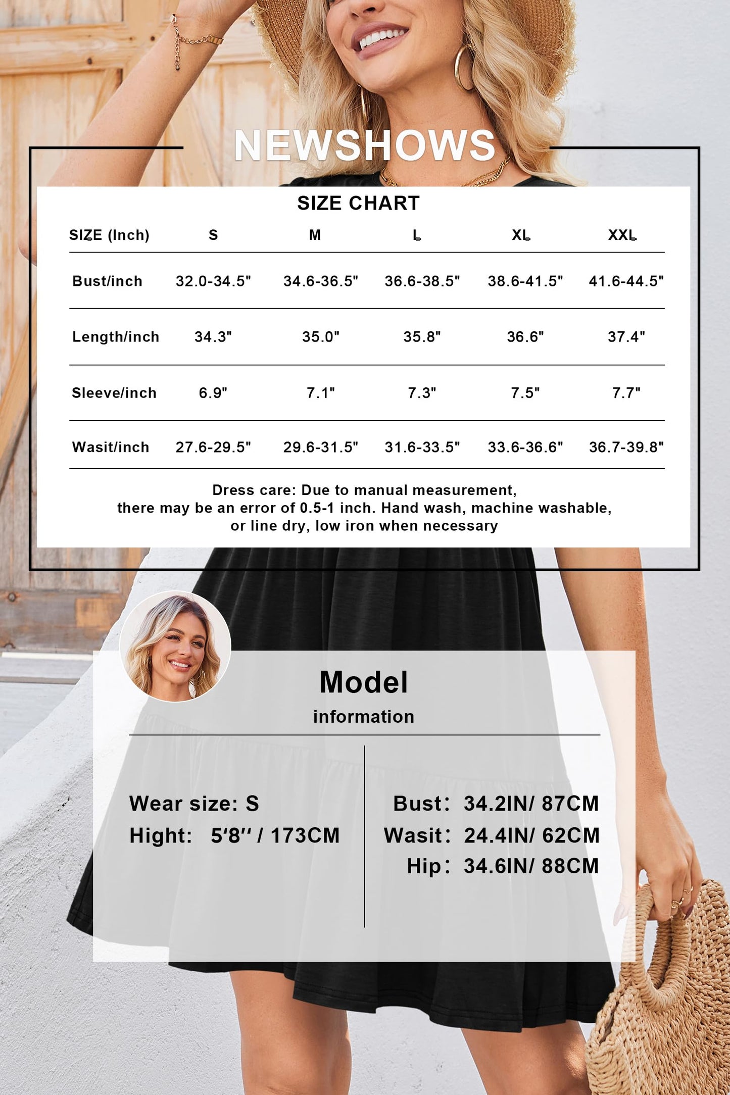 Newshows Summer Dress for Women UK Short Sleeve Crew Neck Casual A-Line Beach Sundress with Pockets(Black,L)