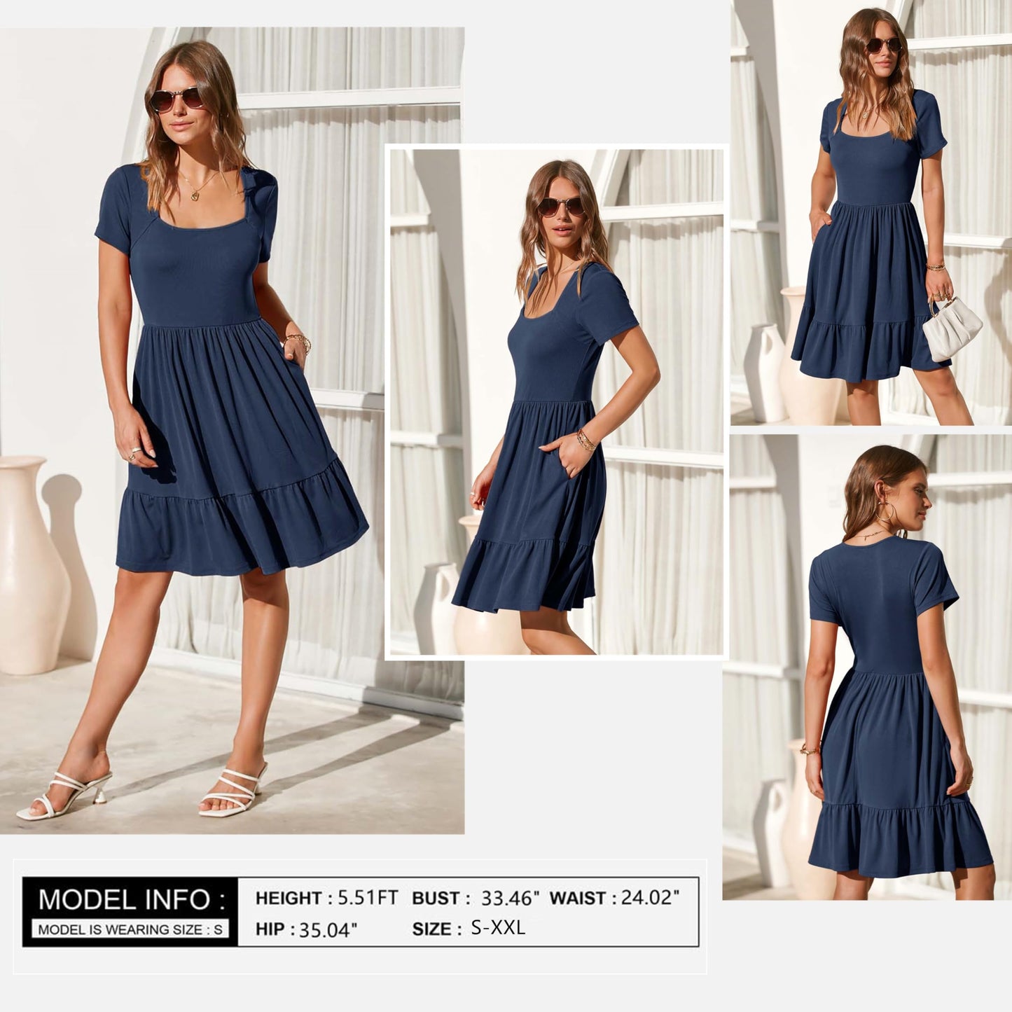 Newshows Summer Dresses for Women UK Square Neck Ladies Party Dress Beach Sundress Navy