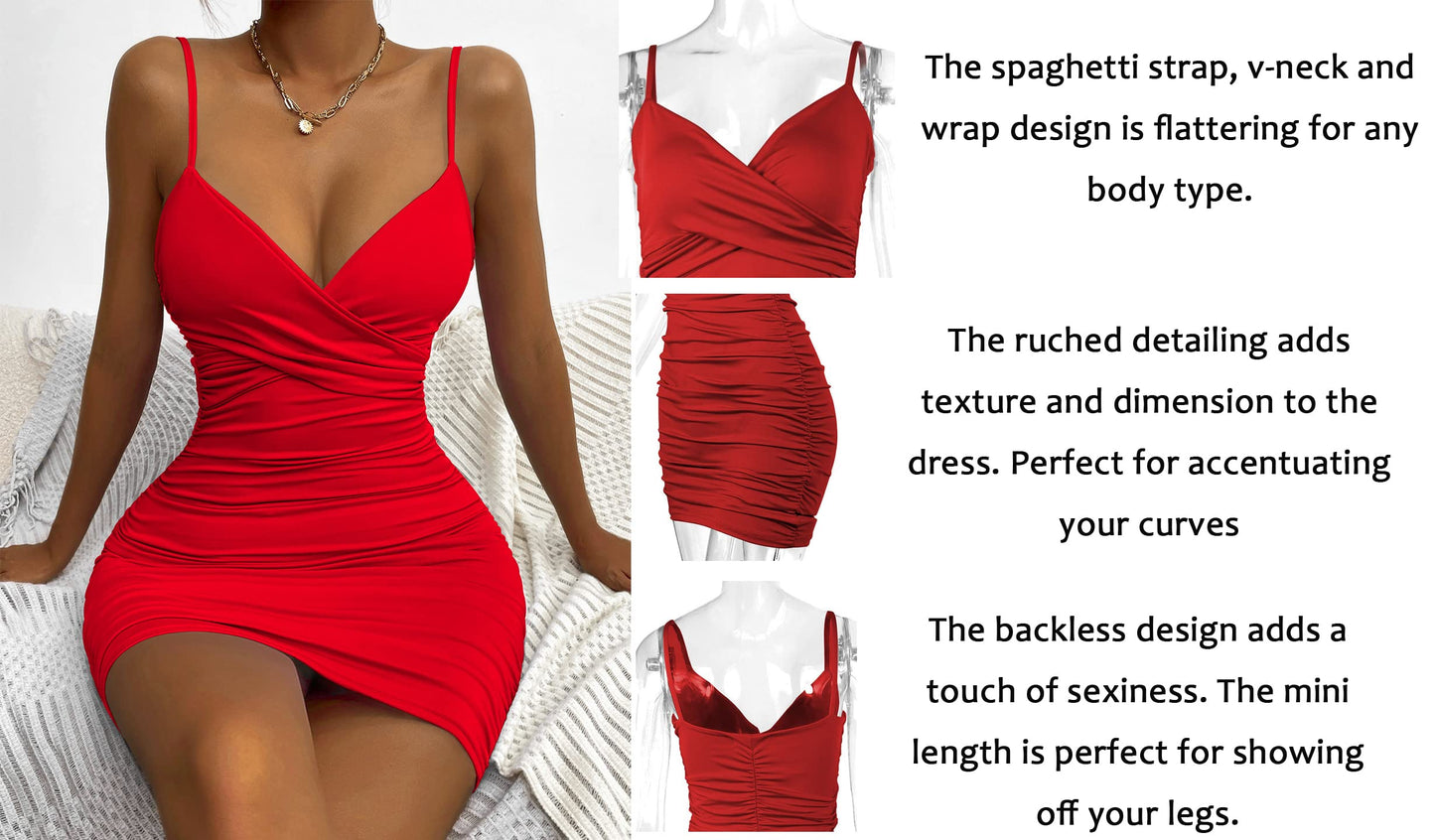 Zesoyne Womens Sexy Mini Bodycon Ruched Tank Dress Spaghetti Strap Vneck Party Short Wrap Cami Clubwear Outfit M Black