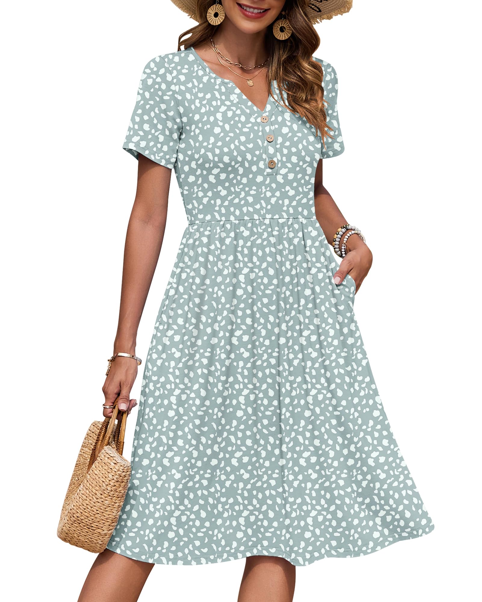 AUSELILY Women's Summer Short Sleeve Midi Dresses V Neck Empire Button Knee Length Dress with Pockets Green Spot M