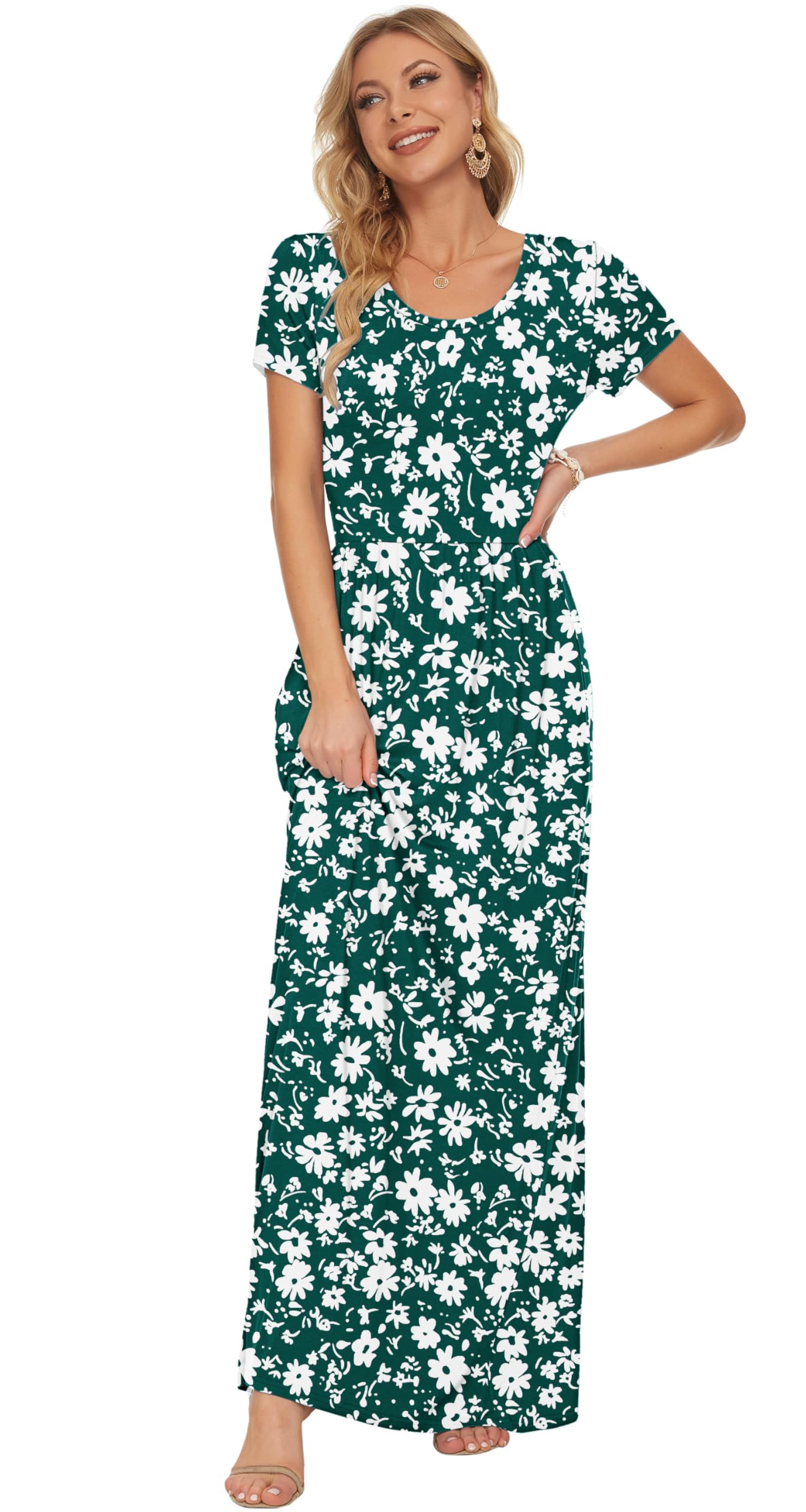 AUSELILY Maxi Dress for Women - Summer Casual Long Dresses for Ladies with Pockets L Green Daisy