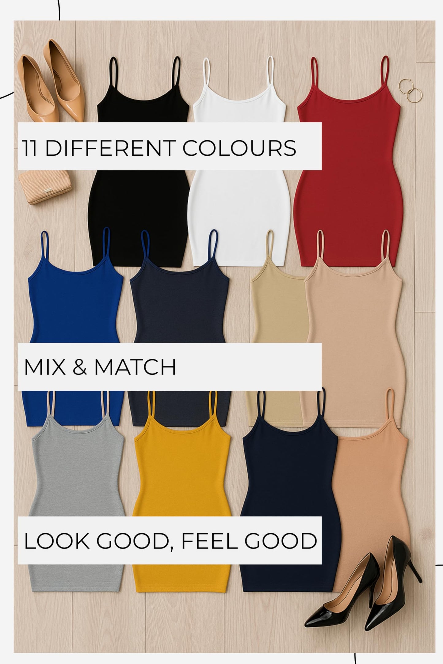 Re Tech UK Womens Ladies Plain Cami Dress Strappy Bodycon Dress Tank Tops Women Sleeveless Camisole Mini Dress Vest Tops Women UK Party Dresses for Women UK Women's Slips (UK 8-10 S/M, Black)