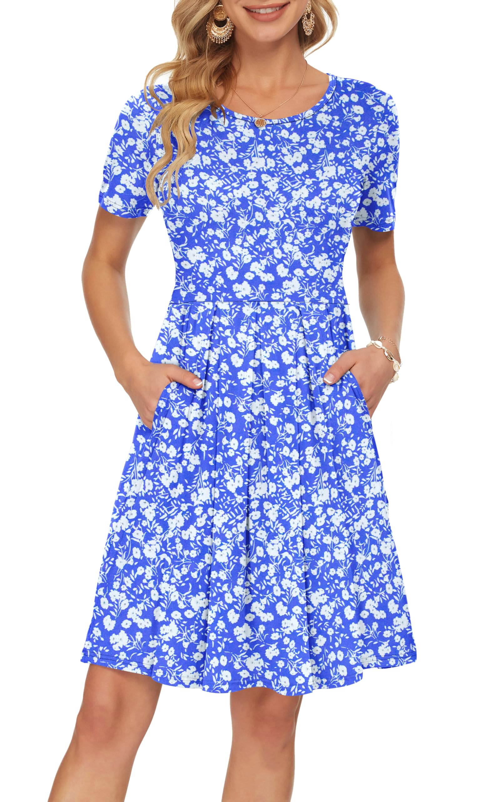 AUSELILY Womens Summer Dress Casual Bodycon Short Sleeve Pleated Loose Swing Casual Dress with Pockets Knee Length Blue Flowers M