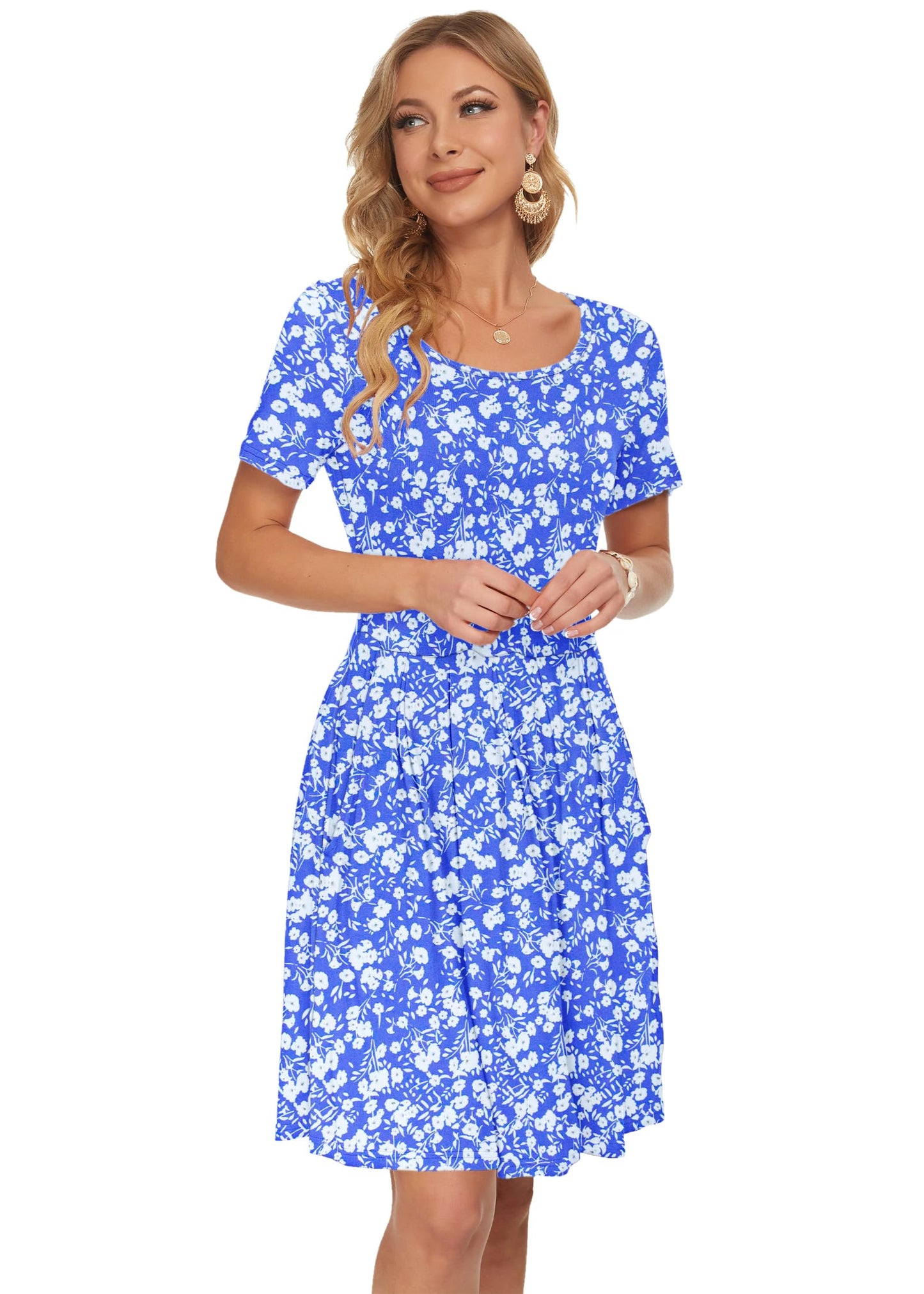AUSELILY Womens Summer Dress Casual Bodycon Short Sleeve Pleated Loose Swing Casual Dress with Pockets Knee Length Blue Flowers M