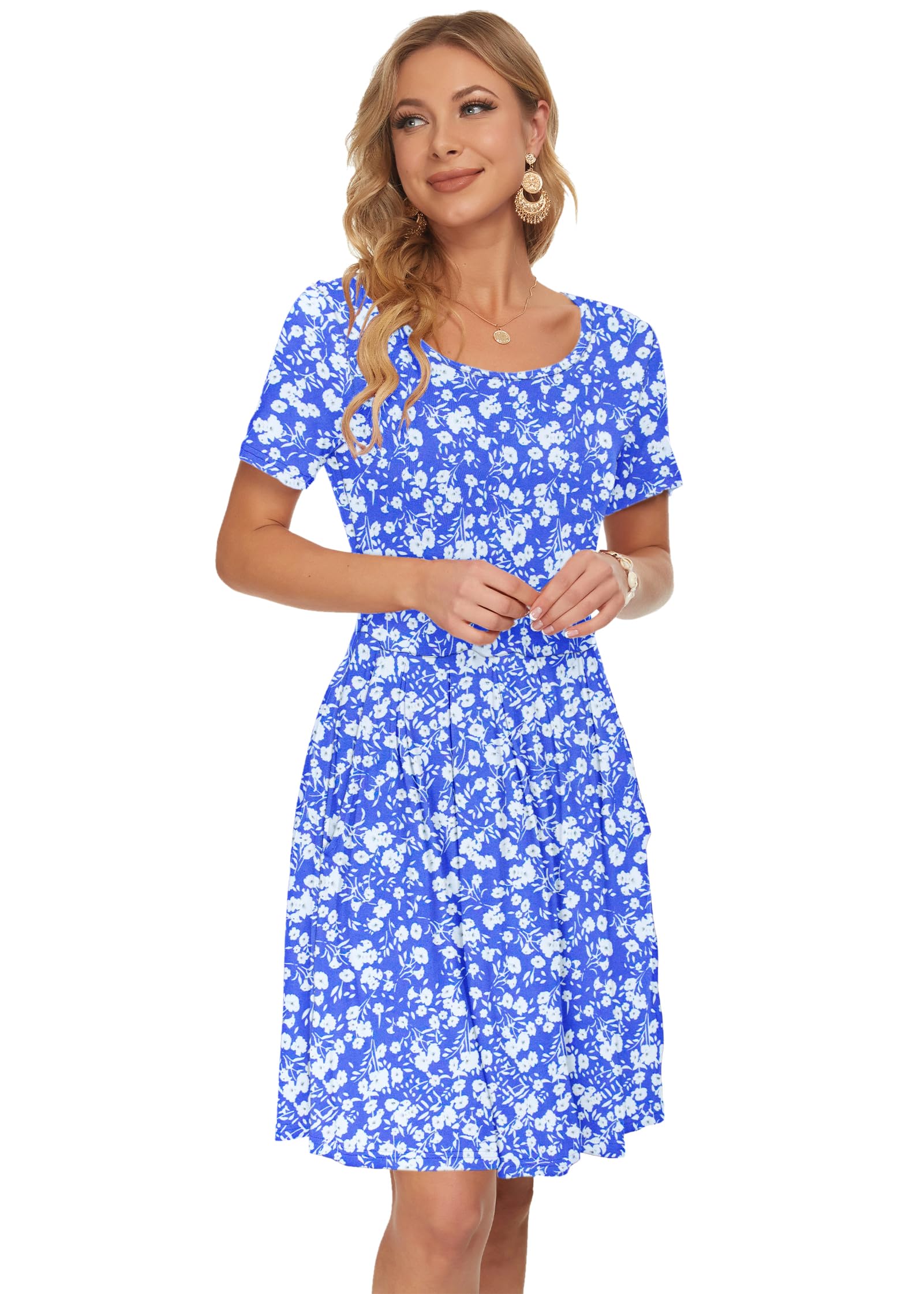 AUSELILY Womens Summer Dress Casual Bodycon Short Sleeve Pleated Loose Swing Casual Dress with Pockets Knee Length Blue Flowers M