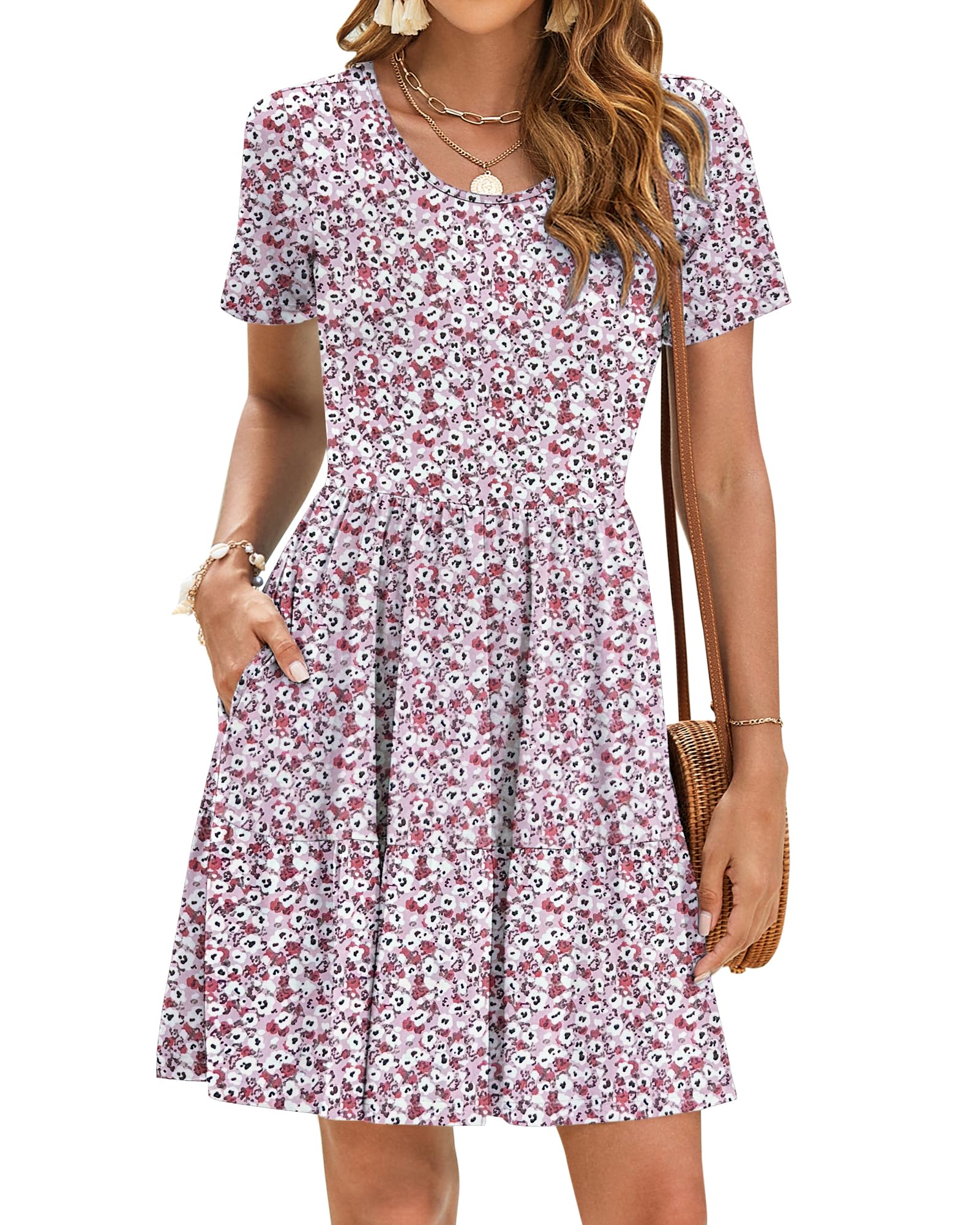 AUSELILY Women's Summer Dress Pleated Knee Length Casual Dress Ladies Short Sleeve T-Shirt Dresses with Pockets Red White Flower M