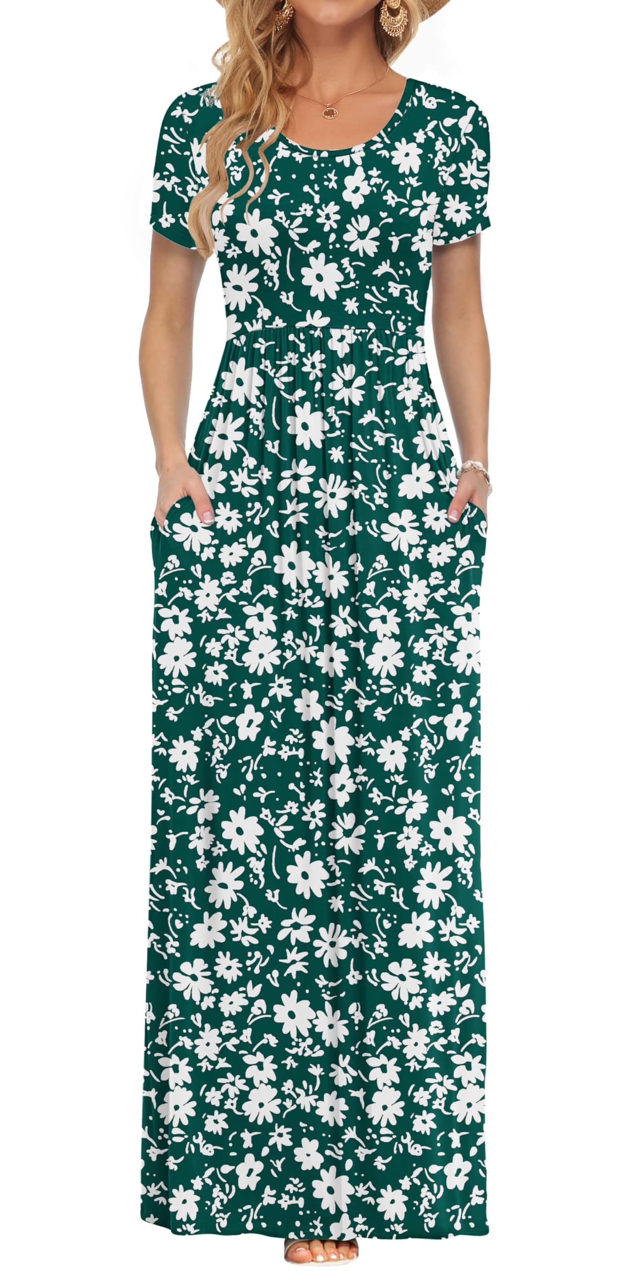 AUSELILY Maxi Dress for Women - Summer Casual Long Dresses for Ladies with Pockets L Green Daisy