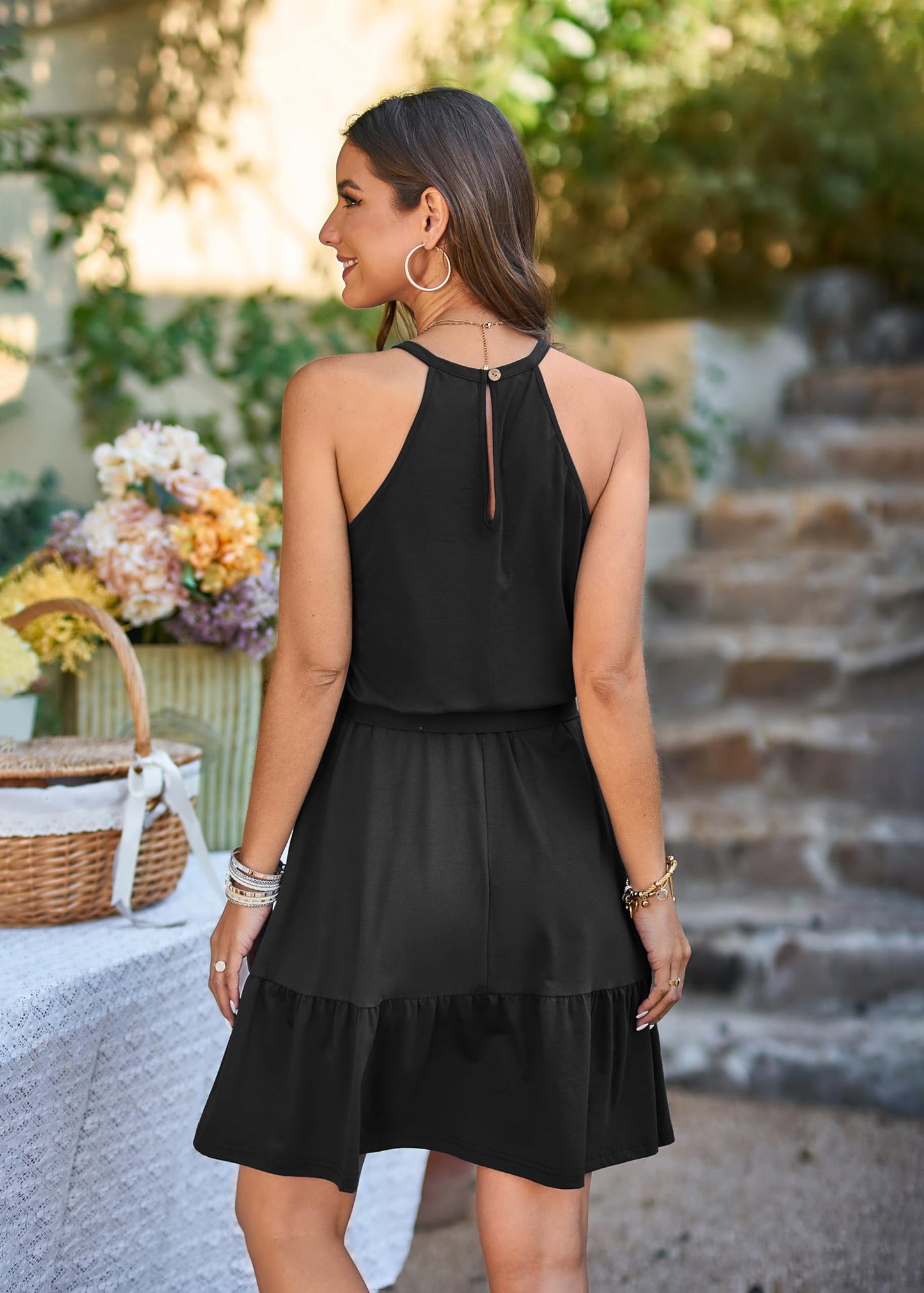 Newshows Summer Dresses for Women UK Halter Neck Dress Ladies Floral Beach Dress for Holiday Vacation(Black, Medium)
