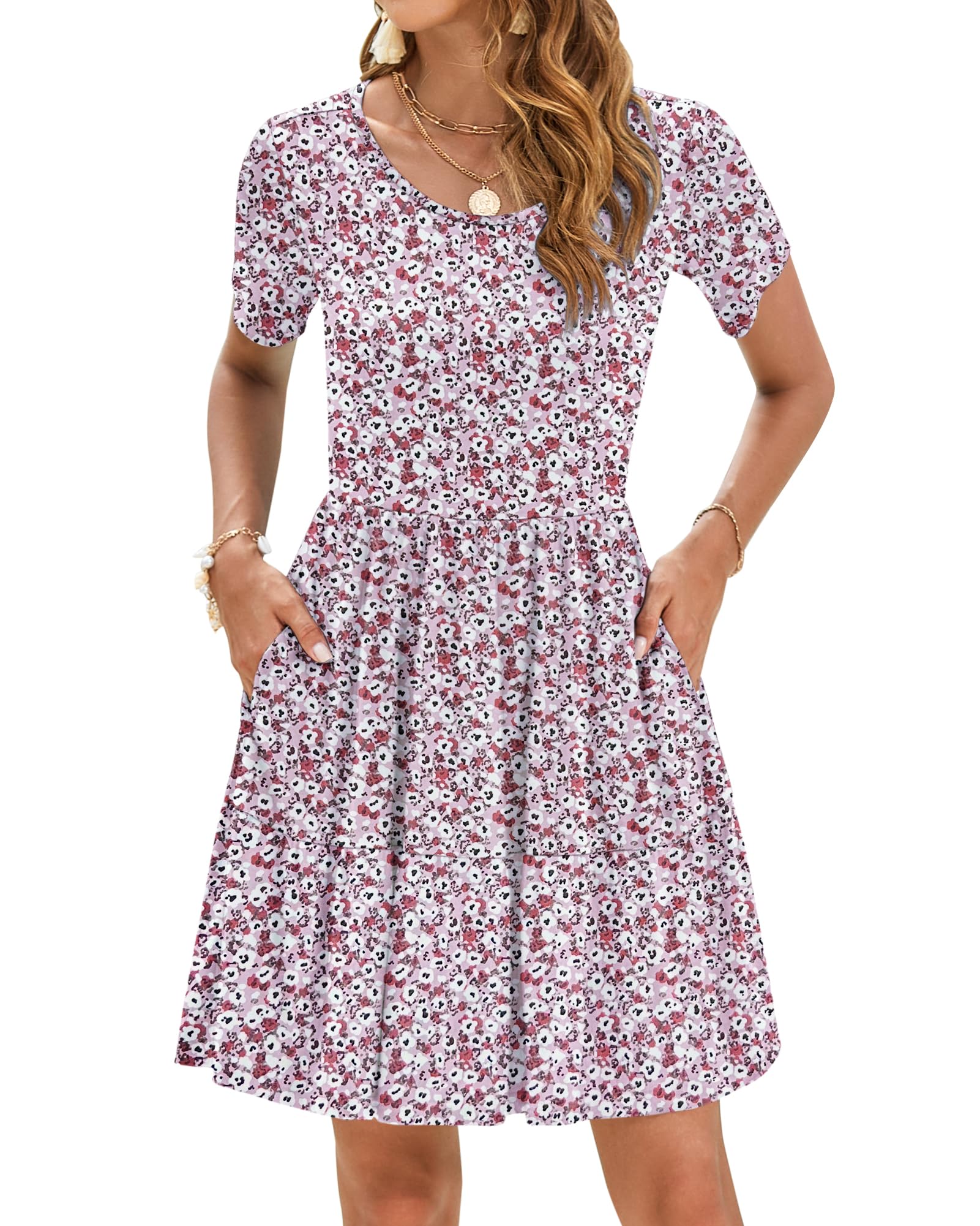 AUSELILY Women's Summer Dress Pleated Knee Length Casual Dress Ladies Short Sleeve T-Shirt Dresses with Pockets Red White Flower M