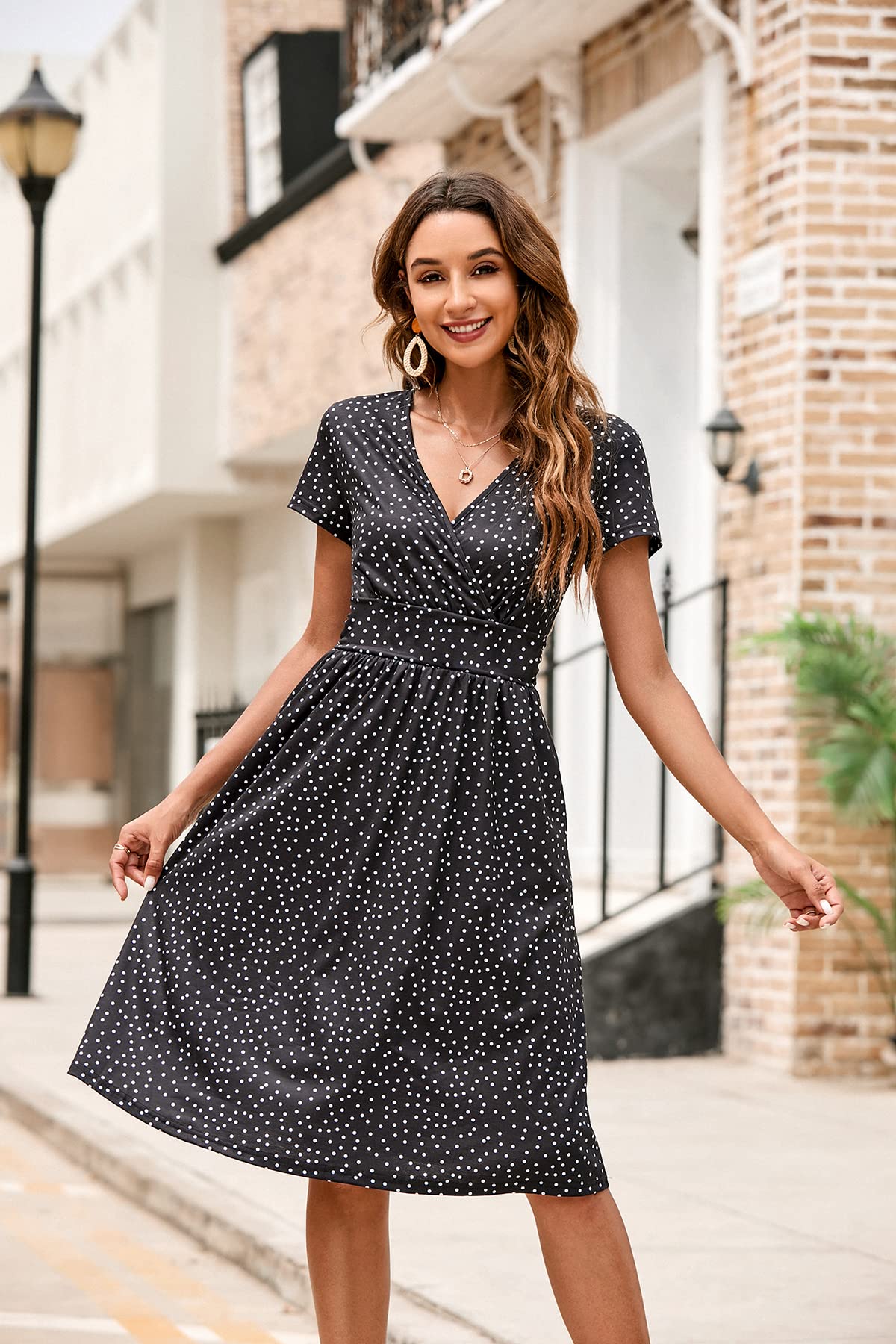 VOTEPRETTY Women's Short Sleeve V Neck Wrap Summer Dress Casual Floral Beach Sundress with Pockets(Polka dot,XXL)