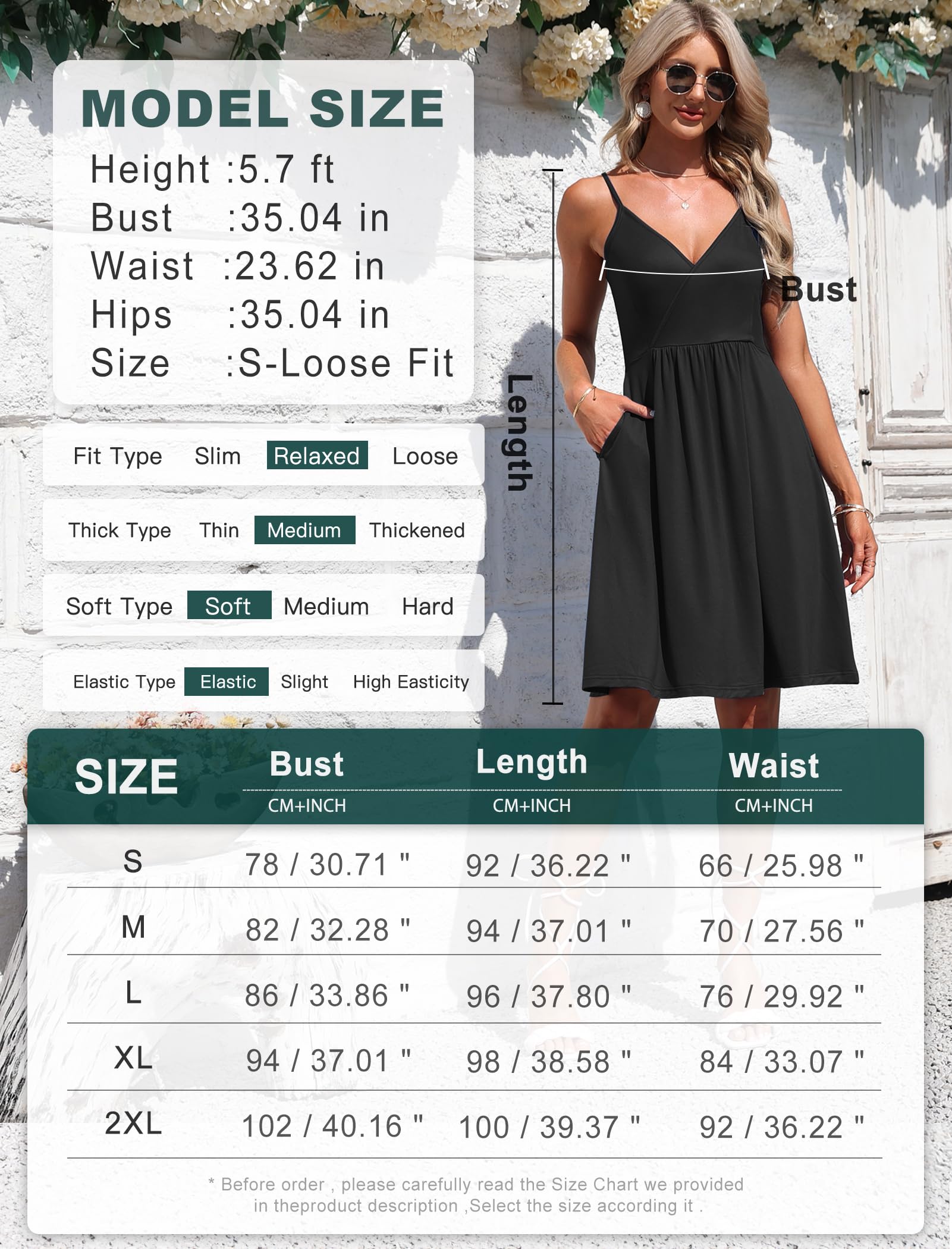 AUSELILY Summer Ladies Dress for Women UK V Neck Spaghetti Strap Casual Dress Beach with Pockets Black L