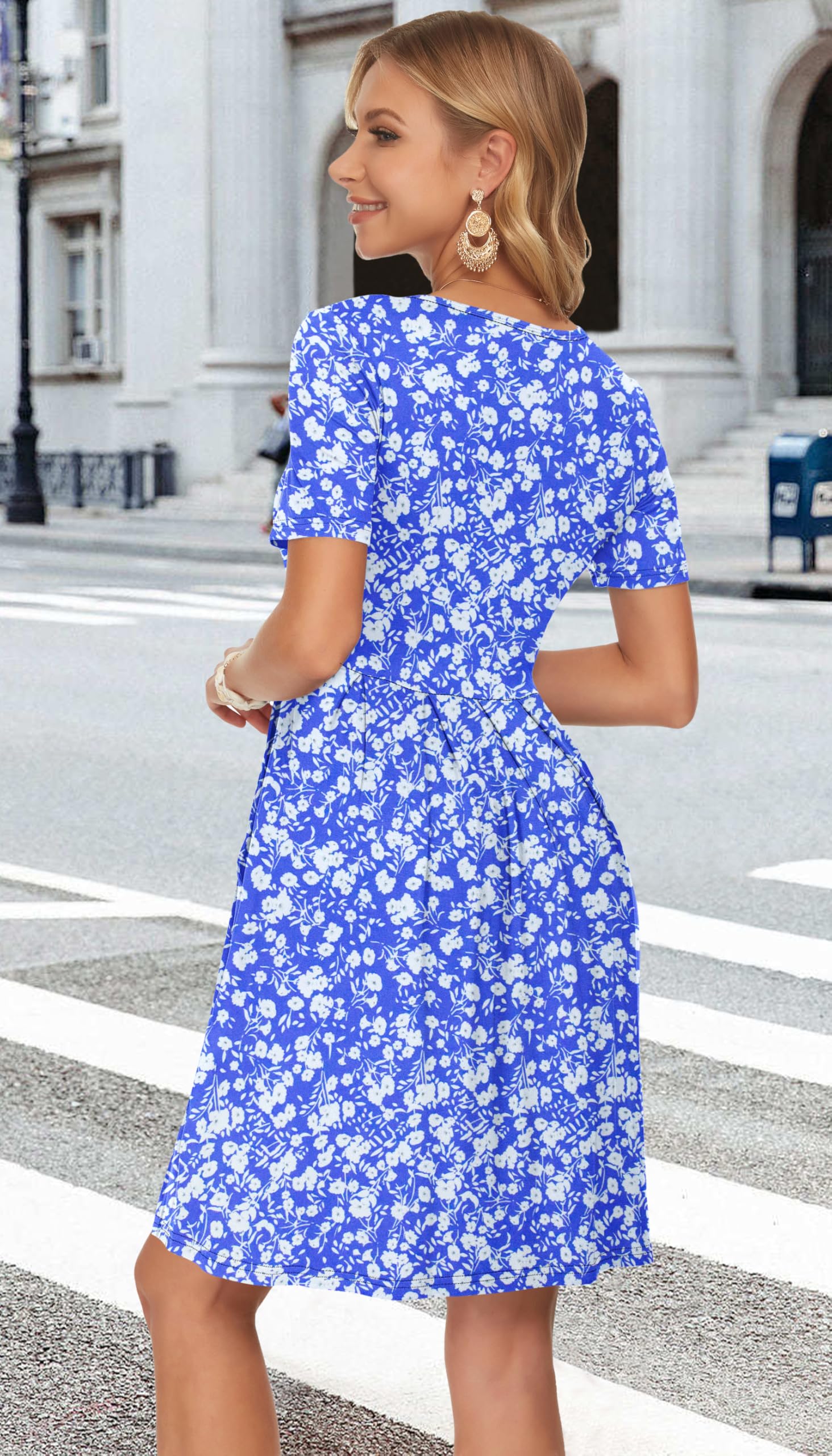 AUSELILY Womens Summer Dress Casual Bodycon Short Sleeve Pleated Loose Swing Casual Dress with Pockets Knee Length Blue Flowers M