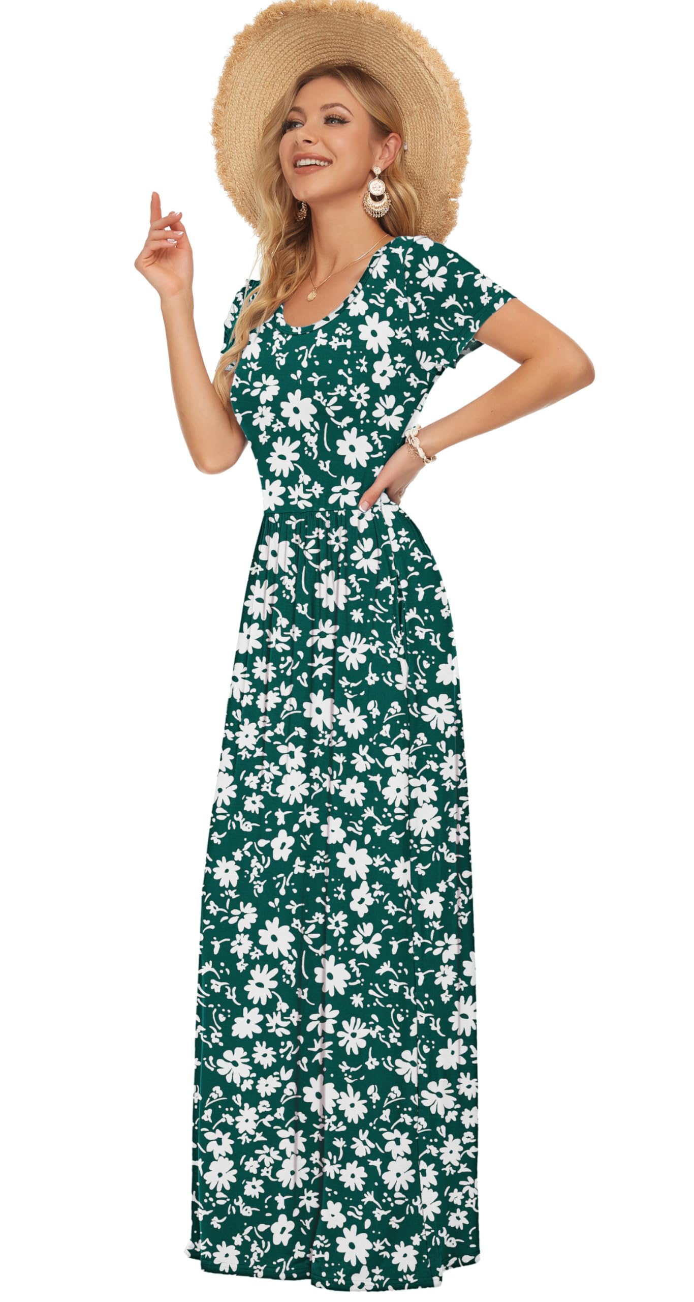 AUSELILY Maxi Dress for Women - Summer Casual Long Dresses for Ladies with Pockets L Green Daisy