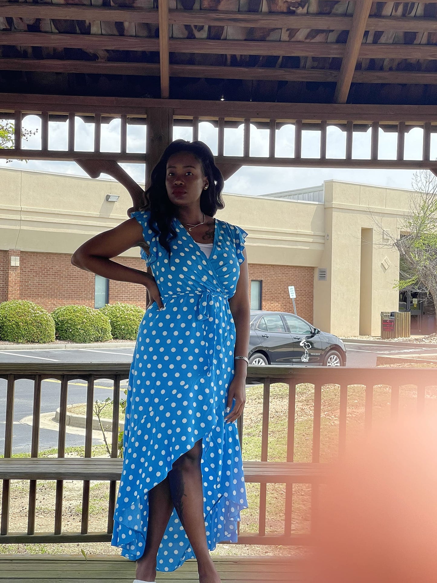 GRECERELLE Womens Summer Maxi Dress Boho Floral Cocktail Polka Dot Wrap Dresses V Neck Casual Party Bohemian Flowy Long Dress for Ladies (Polka Dots-Light Blue, L)